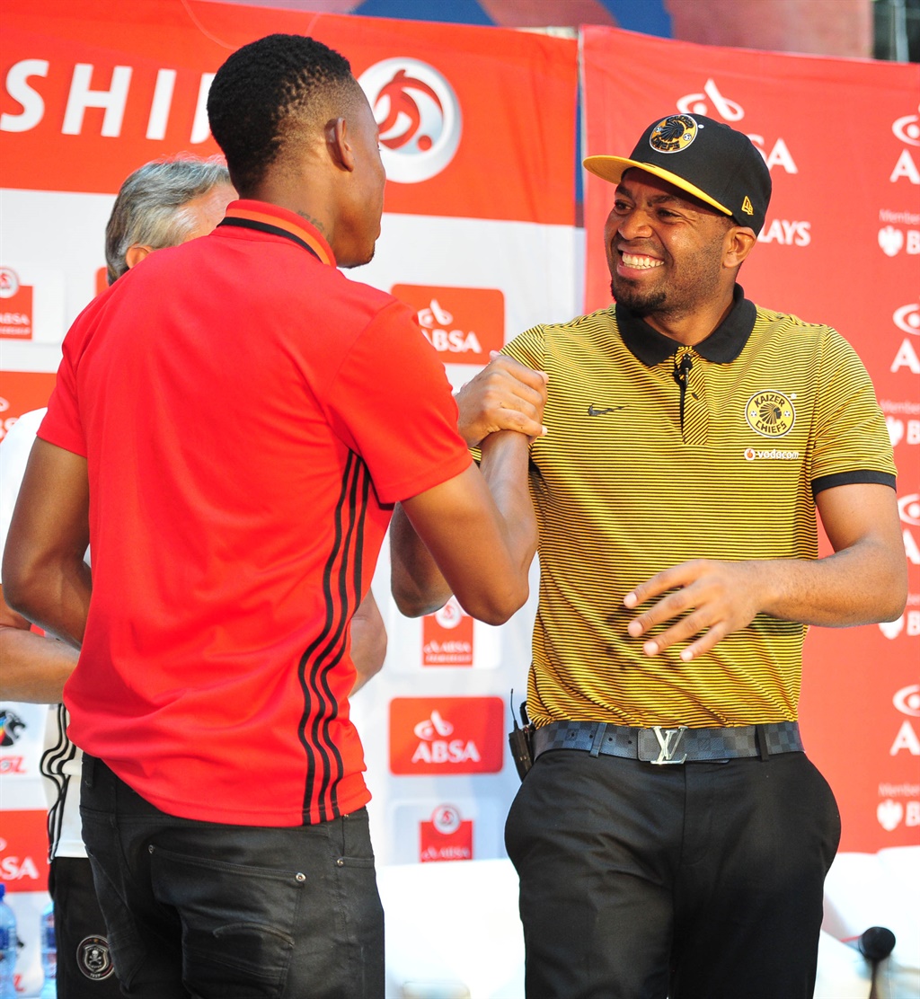 Happy Jele of Orlando Pirates and Itumeleng Khune of Kaizer Chiefs during the Orlando Pirates press conference at the Absa Tower in Johannesburg on the 27 October 2016