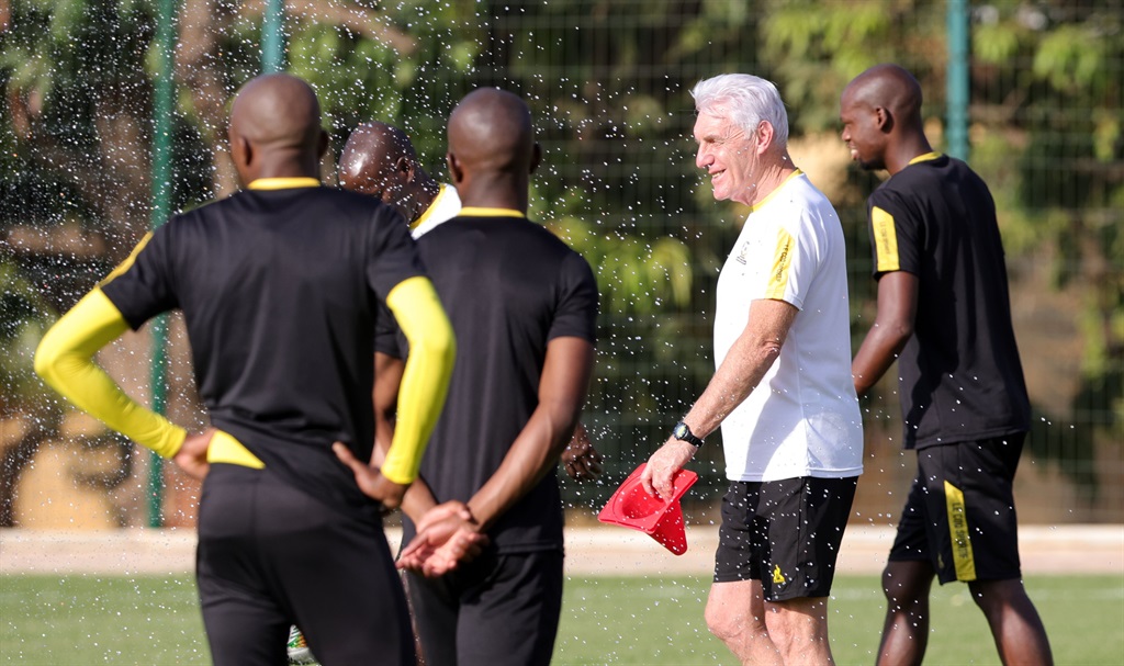Bafana head coach Hugo Broos and his charges during  training ahead of the team's final Afcon group match against Tunisia. Photo: Samuel Shivambu / BackpagePix