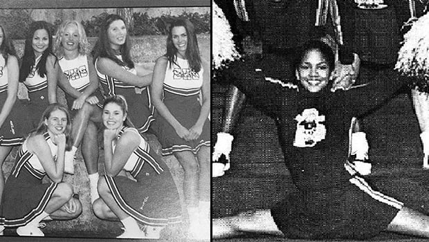 Pictured here is Chrissy Teigen in the group photo on the left, photo by Planet Photos, and Halle Berry on the right, photo by Twitter/CheerleaderCompany.