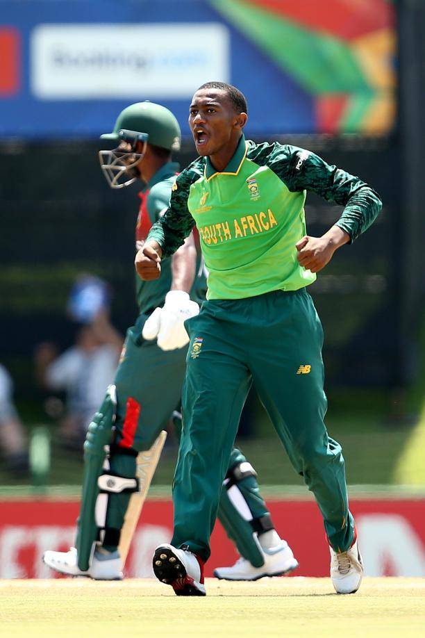 Pheko Moletsane celebrates the first wicket during the ICC U19 Cricket World Super League Cup Quarter Final 3 match between Bangladesh and South Africa. Picture: Jan Kruger-ICC/ICC via Getty Images 