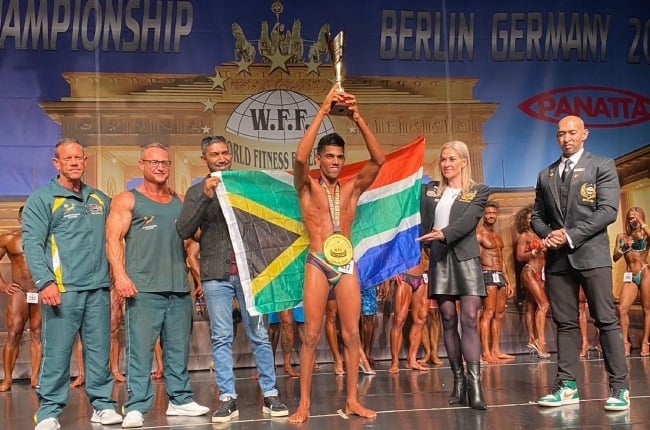 Erian Moodley from Umhlanga in KwaZulu-Natal celebrates after winning gold at the World Fitness Federation’s World Championships in Berlin. (PHOTO: WFFSA/ WFFKZN)
