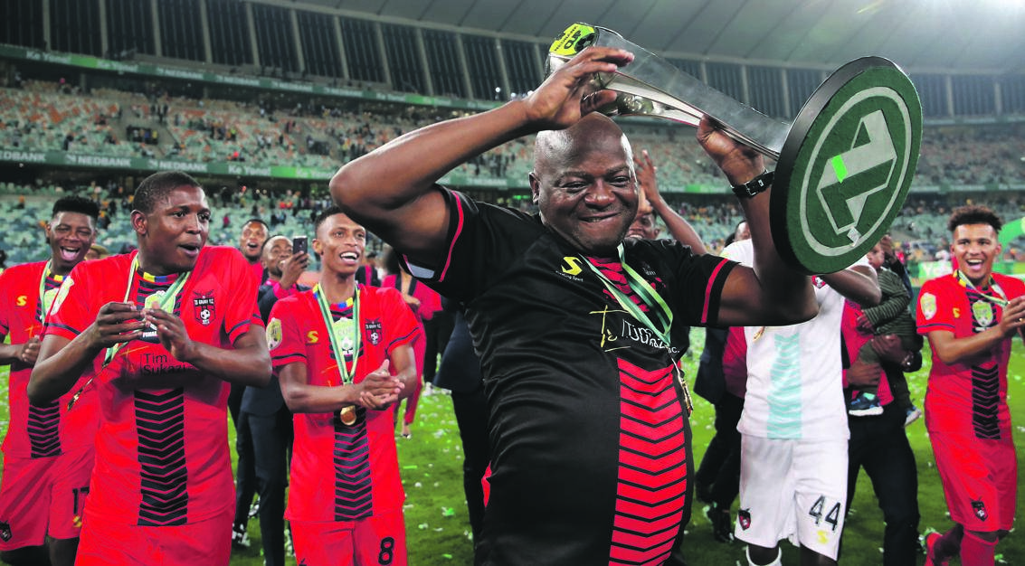TS Galaxy head coach Dan ‘Dance’ Malesela leads his team in celebration after they shocked Kaizer Chiefs in the Nedbank Cup final last yearPHOTO: Muzi Ntombela / BackpagePix