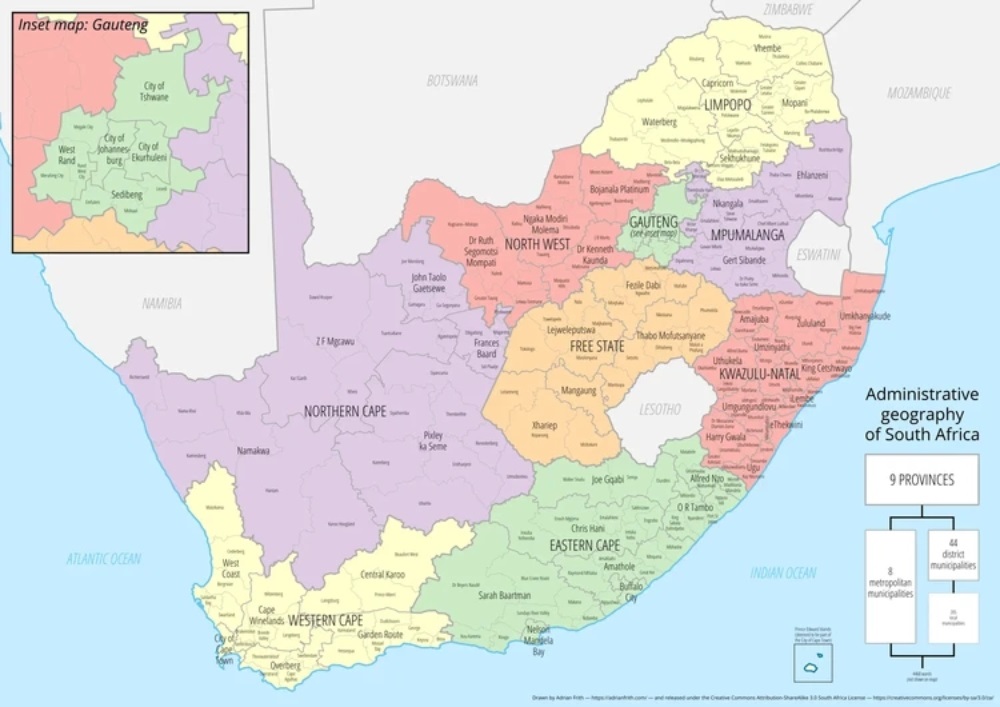 A map of the provinces and municipalities of South