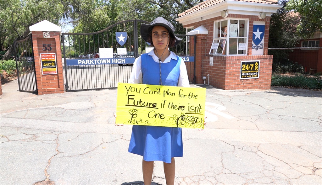 Matric pupil Raeesah Noor-Mahomed skips school every Friday to protest against climate change outside Parktown High School for Girls in Johannesburg.
