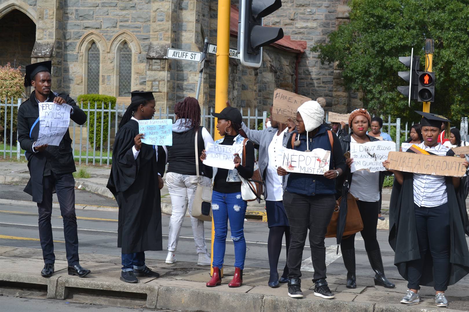 Unemployed youth graduates don their graduation gowns and beg for jobs on the streets of King William’s Town in the Eastern Cape amid SA's high unemployment rate. Photo: Archive