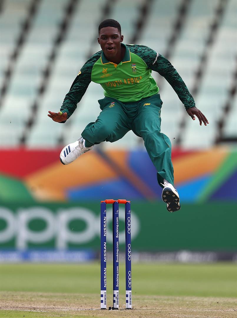 Odirile Modimokoane of South Africa celebrates the wicket of Rahmanullah Zarma Khan of Afghanistan, after he was caught by Mondli Khumalo of South Africa during the ICC U19 Cricket World Cup 7th Place Play-Off match between South Africa and Afghanistan at Willowmoore Park in Benoni. Picture: Matthew Lewis-ICC/ICC via Getty Images