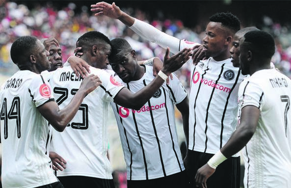 Pirates captain Happy Jele leads the team’s celebration of Innocent Maela’s goal against Black Leopards on December 21. The game was new coach Josef Zinnbauer’s first in charge PHOTo: gallo images