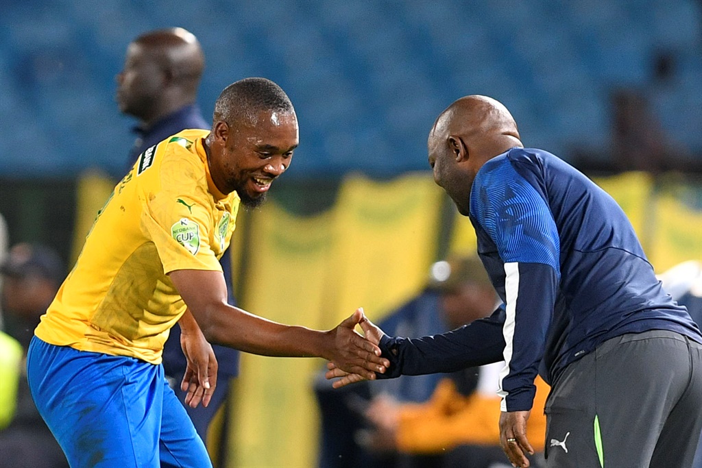 Sibusiso Vilakazi of Mamelodi Sundowns celebrates scoring a goal with coach Pitso Mosimane 