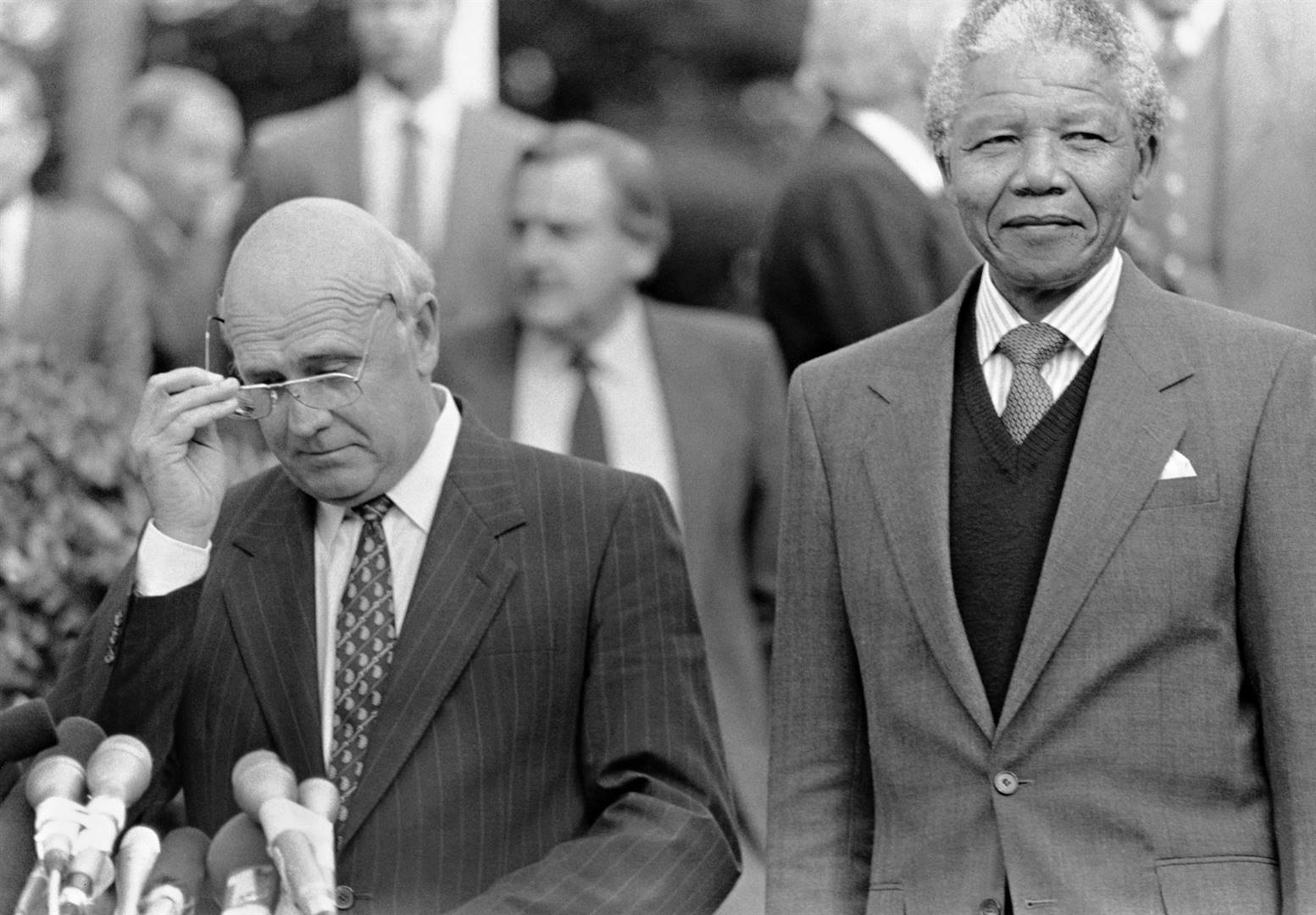 Former President  Nelson Mandela at a media conference with apartheid President FW de Klerk in Johannesburg in 1990. Photo: Gallo Images via Getty Images