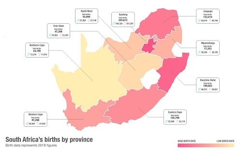 BABY BIRTH CAPITALS HEAT MAP OF south africa