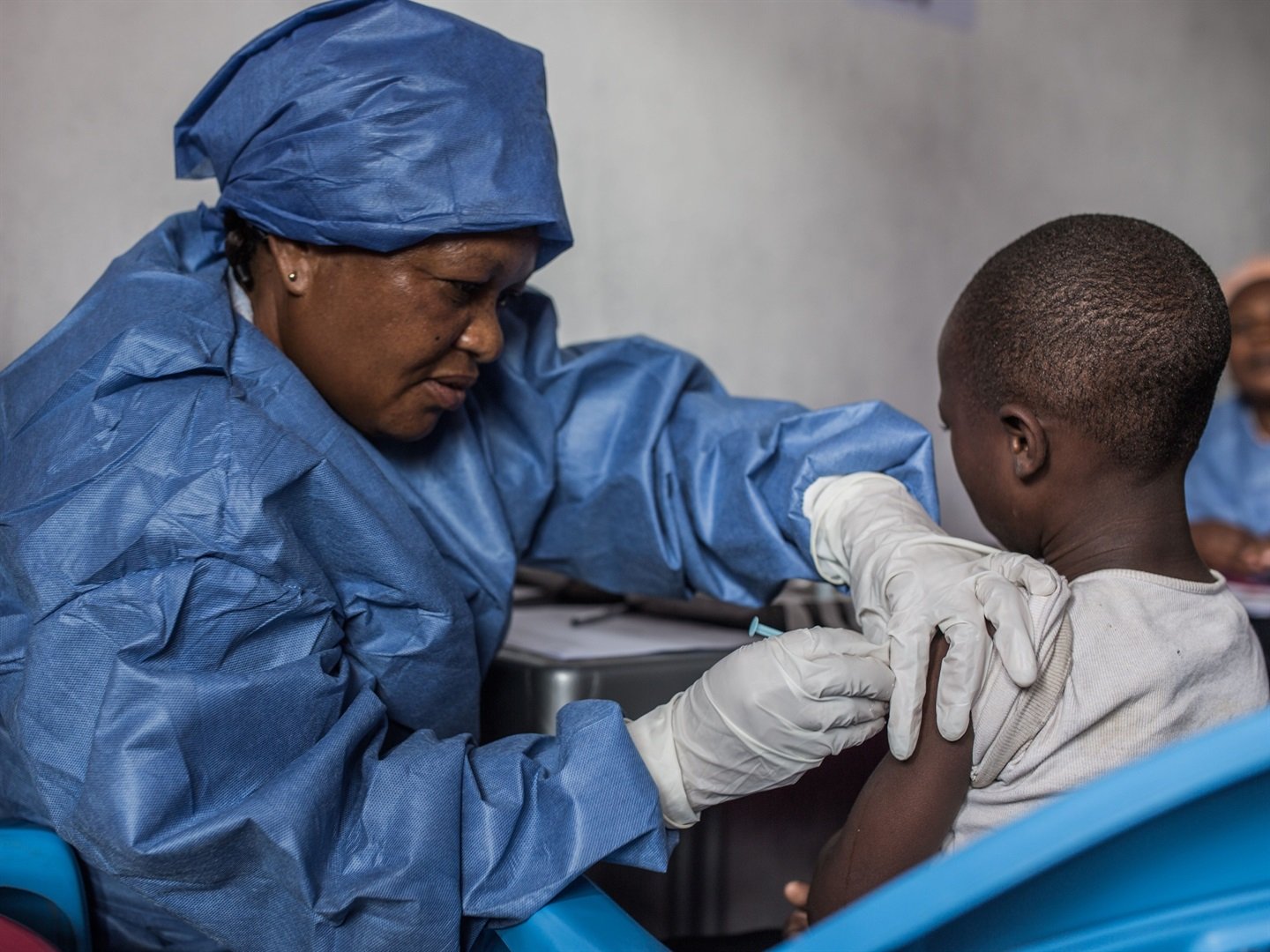A girl gets inoculated with an Ebola vaccine in Goma, the Democratic Republic of the Congo, in 2019.