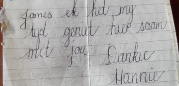 Love letter James Cooper wrote to Hannie Fourie