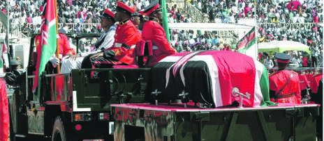 Soldiers escort the gun carriage carrying the coffin of former Kenyan president Daniel Arap Moi, draped in the national flag during the state funeral procession to Nyayo Stadium in Nairobi, where his memorial service was held yesterday.                  Photo by Reuters/Njeri Mwangi