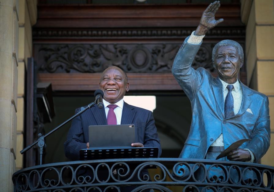  President Cyril Ramaphosa speaks from the balcony where Nelson Mandela gave his first speech after his release from prison 30 years ago, in Cape Town. Picture: Sumaya Hisham/ Reuters 