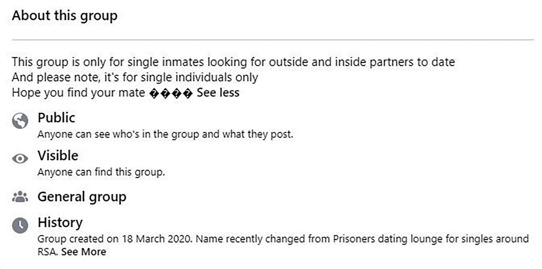 DIe Facebook-groep waar gevangenes kan liefde vind is verlede Maart gestig. Skermgreep: Facebook
