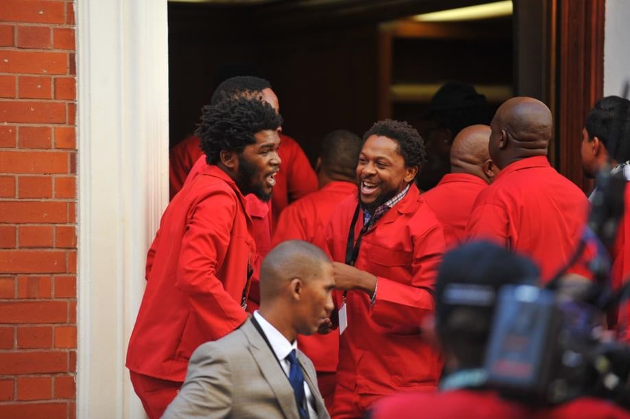 EFF members outside Parliament ahead of the state of the nation address. Picture: Brenton Geach/Gallo Images