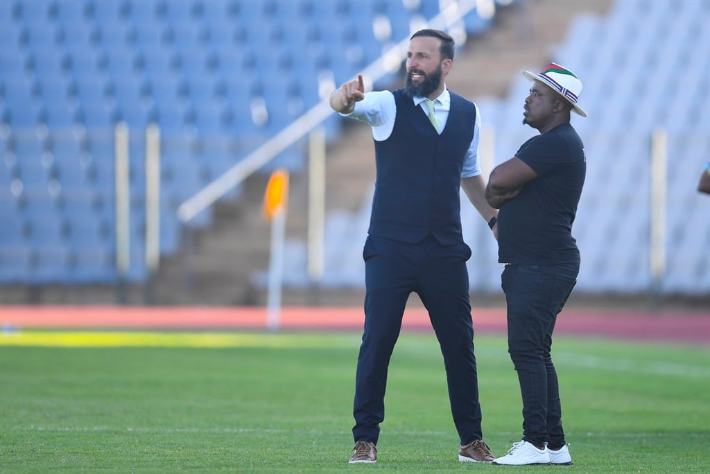 TS Galaxy coach Sead Ramovic and Owner Tim Sukazi during the DStv Premiership match between Swallows FC and TS Galaxy at Dobsonville Stadium on January 15, 2023 in Johannesburg, South Africa. 