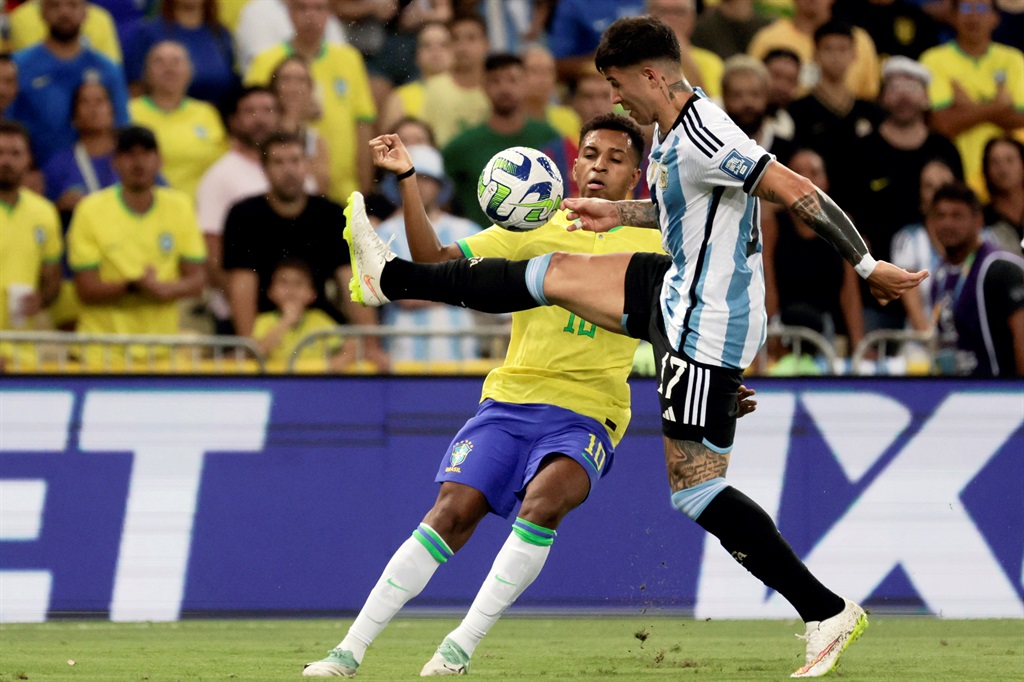 Brazilian star Rodrygo and Enzo Fernandez of Argentina in action during their Fifa 2026 World Cup qualifier at Maracana Stadium in Rio de Janeiro, Brazil on 21 November 2023.