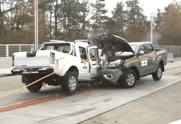 The Global NCAP crashing two Nissan Hardbody bakkies into each other. Image: AA South Africa