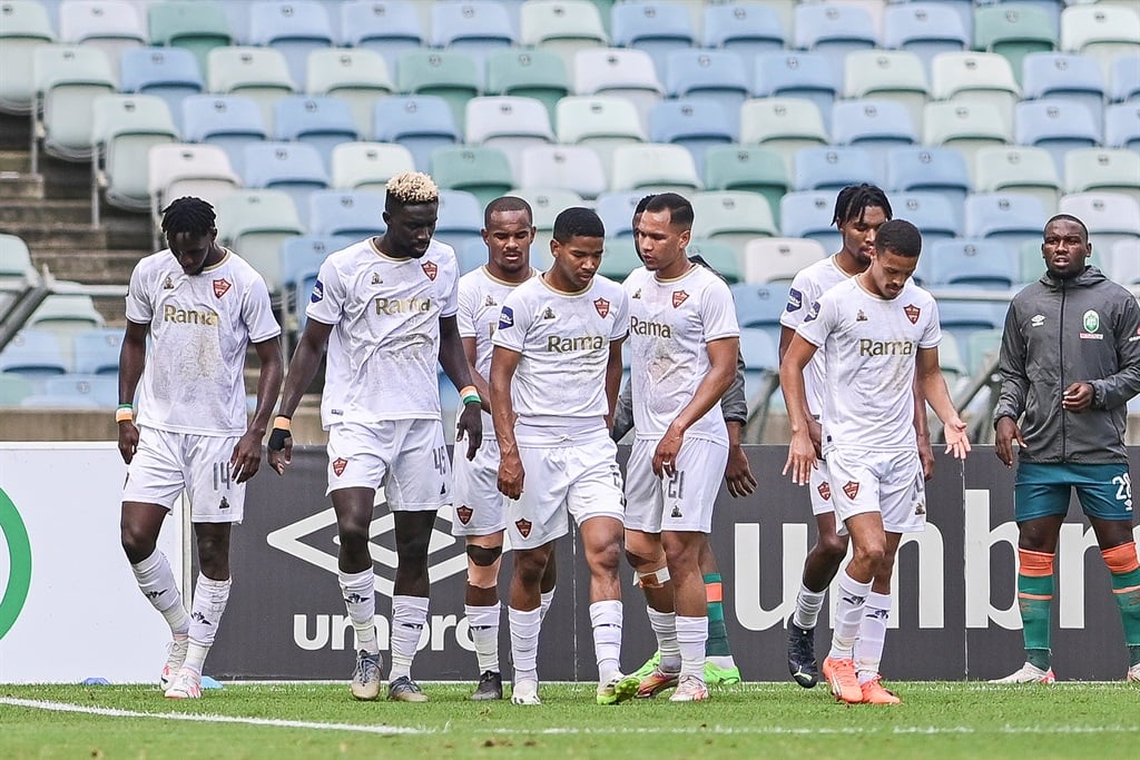 DURBAN, SOUTH AFRICA - NOVEMBER 25: Stellenbosch celebrates the goal during the DStv Premiership match between AmaZulu FC and Stellenbosch FC at Moses Mabhida Stadium on November 25, 2023 in Durban, South Africa. (Photo by Darren Stewart/Gallo Images)