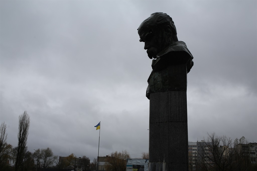 A bust of Ukranian poet and national symbol Taras Shevchenko in Borodyanka near Kyiv. Russia occupied the area in the early days of the war.