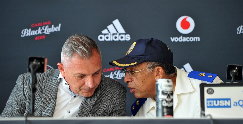 PSL General manager Jacques Grobbelaar and JMPD Spokesperson Wayne Mienaar discussing their plans ahead of the Soweto Derby on Saturday.